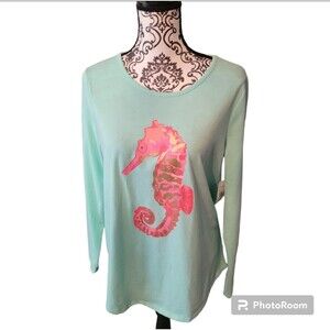 Silverwear Seahorse Graphic Long Sleeve Top Mint Green Large NWT
